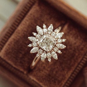 1.0 Ct Cushion Cut Moissanite Engagement Ring, Cluster Halo Ring, Flower Shape Wedding Ring, Marquise & Round Cut Promise Ring, Vintage Ring