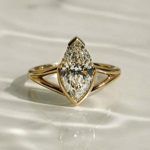 2.5 Ct Marquise Cut Lab Grown Engagement Ring, Half Bezel Set Anniversary Ring, 10K Solid Yellow Gold Wedding Ring, Split Shank Promise Ring