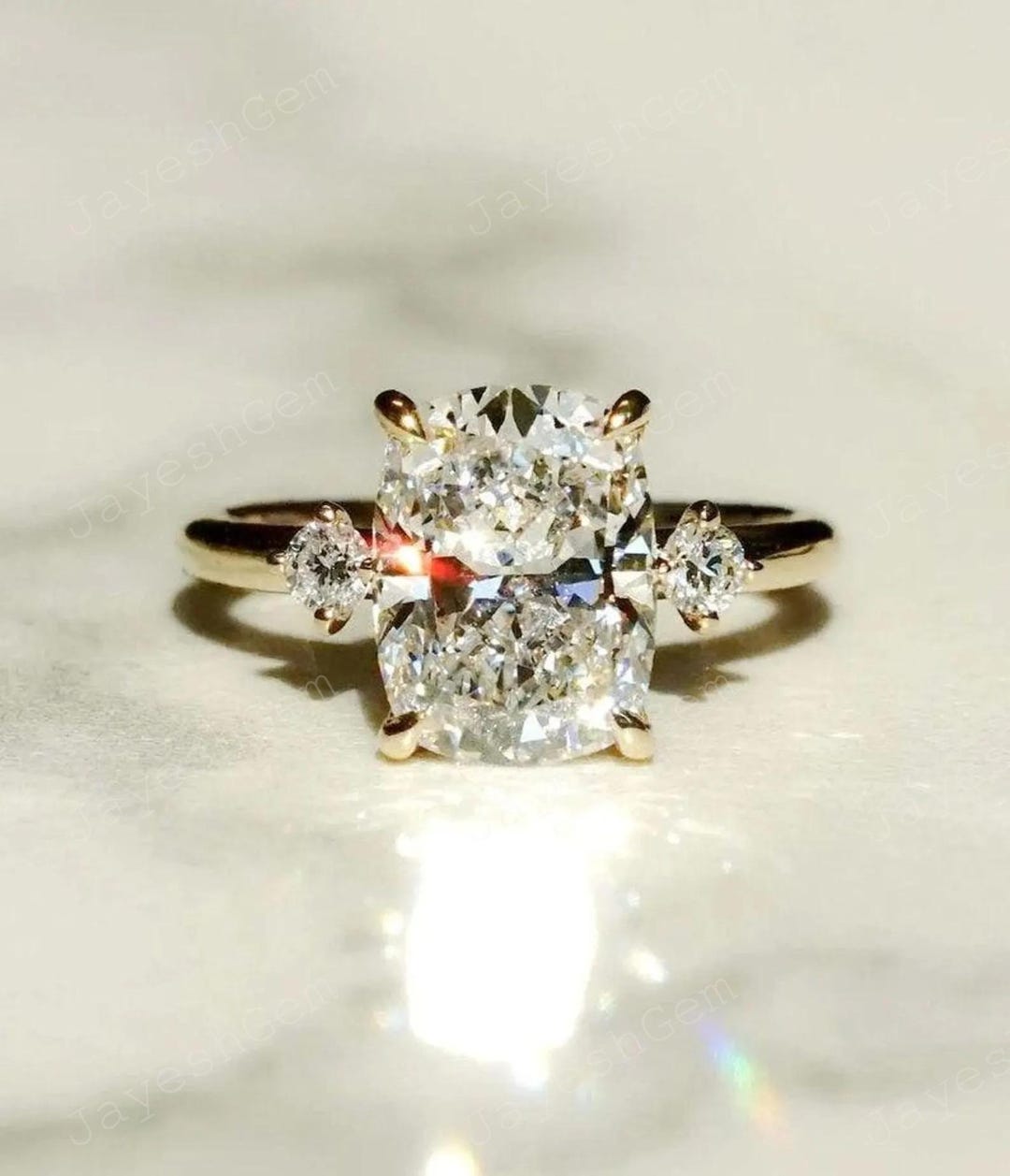 Cushion Cut Lab Grown Diamond Three Stone 18K Yellow Gold Engagement ...