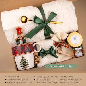 Christmas self care gift box with tartan mug, honey jar, blanket, nutcracker, and candle — cozy winter holiday box perfect for her or festive relaxation set.