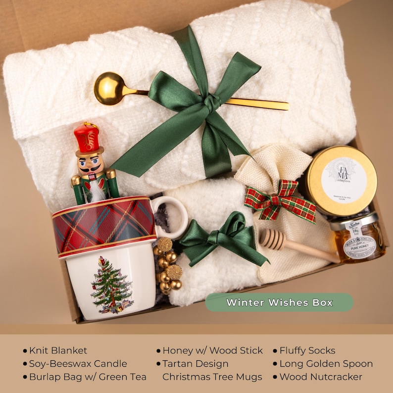 Christmas self care gift box with tartan mug, honey jar, blanket, nutcracker, and candle — cozy winter holiday box perfect for her or festive relaxation set.