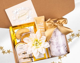 Yellow Bridesmaid Proposal Gift Set for Wedding Party or Maid of Honor Thank You with Personalized Tumbler, Scrunchies, Hair Scrunchies Box