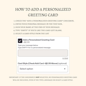 May include: An instructional graphic titled HOW TO ADD A PERSONALIZED GREETING CARD. It lists five steps for adding a card, displays a checkbox interface with a text box for messages, and includes a final warning that the checkbox must be selected.