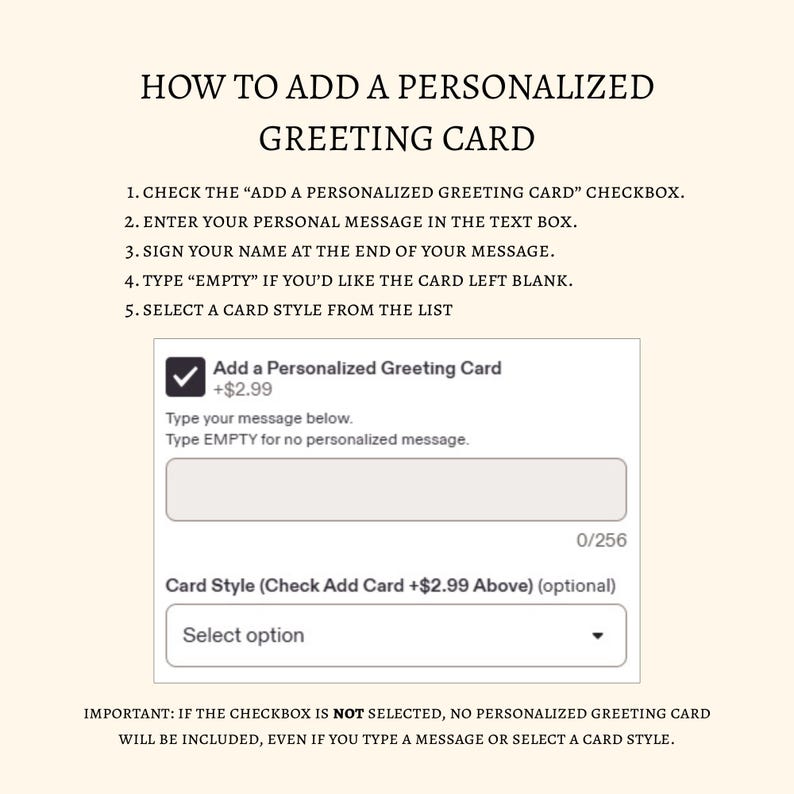 May include: An instructional graphic titled HOW TO ADD A PERSONALIZED GREETING CARD. It lists five steps for adding a card, displays a checkbox interface with a text box for messages, and includes a final warning that the checkbox must be selected.