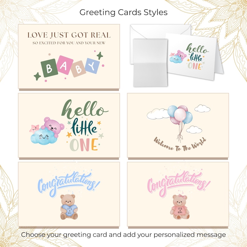 May include: A collection of baby-themed greeting cards with various designs. The cards feature phrases like "Love Just Got Real" and "Hello Little One." Some cards include illustrations of teddy bears, clouds, and balloons. The text "Congratulations!" is also present.