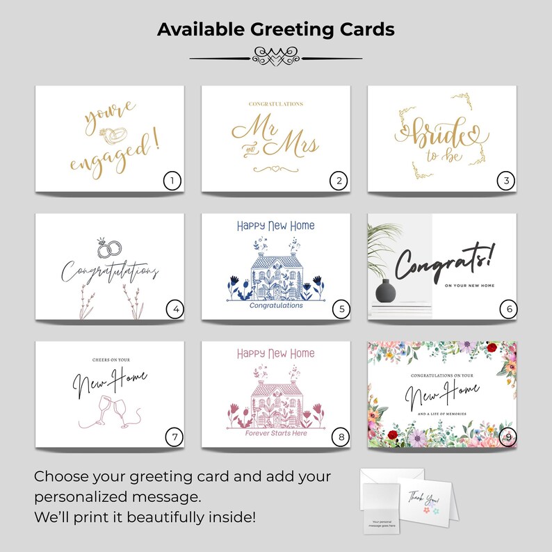 May include: A collection of greeting cards with various designs and messages. The cards include phrases like "You're engaged!", "Mr. & Mrs.", "Bride to be", "Congratulations", and "Happy New Home". The cards are white with gold, blue, and pink accents.