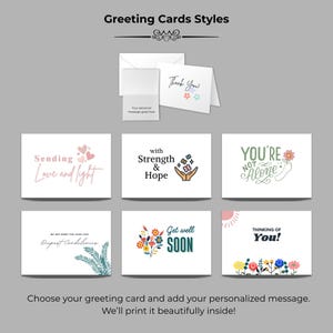 May include: A collection of greeting cards with various designs and messages, including "Thank You!", "Sending Love and light", and "Get well SOON". The cards feature floral and heart illustrations, with a white envelope.