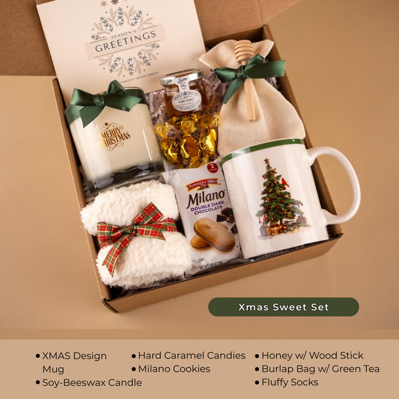 Sweet Christmas gift box with tartan mug, cookies, honey, socks, and candle — cozy winter holiday care package and small festive gift for women.