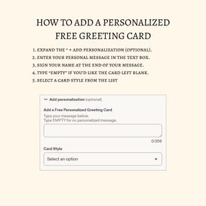 May include: An instructional graphic titled HOW TO ADD A PERSONALIZED FREE GREETING CARD. It lists five steps for adding a message and selecting a card style, accompanied by a visual representation of an Add personalization text box and menu.