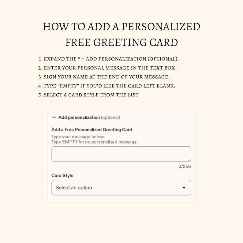 May include: An instructional graphic titled HOW TO ADD A PERSONALIZED FREE GREETING CARD. It lists five steps for adding a message and selecting a card style, accompanied by a visual representation of an Add personalization text box and menu.