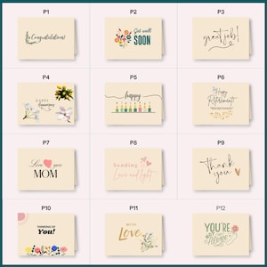 May include: A collection of twelve rectangular greeting cards featuring various designs and text including Congratulations, Get well soon, Great job, Happy Anniversary, Happy Birthday, Happy Retirement, Love you MOM, Sending Love and light, Thank you, Thinking of You, With Love, and You're not alone.