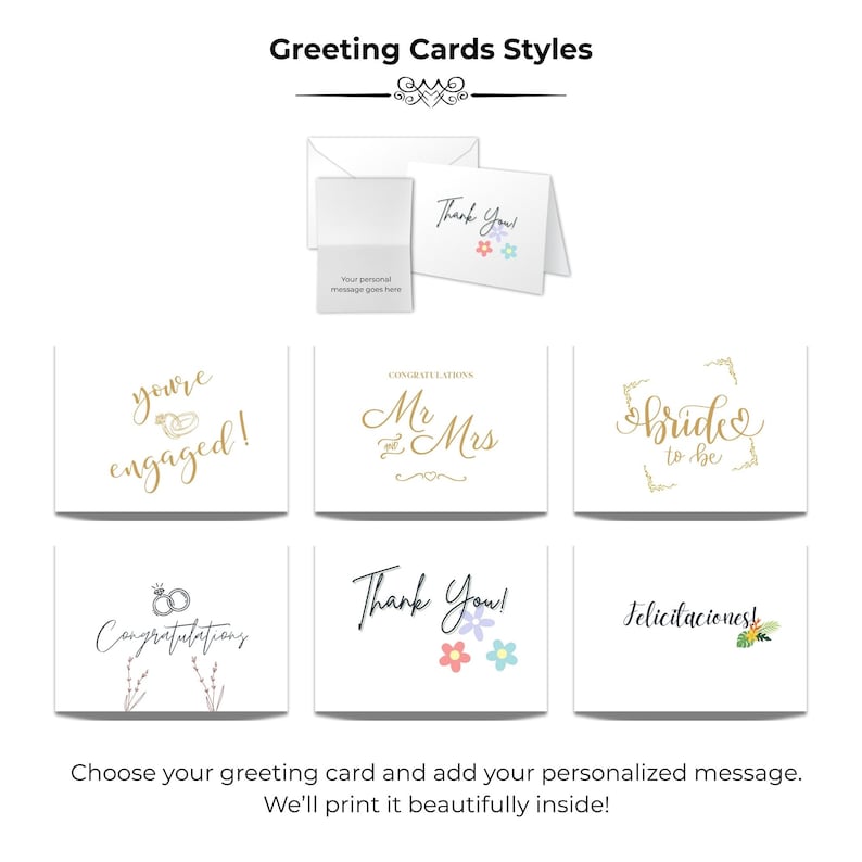 Peut inclure: Plusieurs cartes de v&oelig;ux blanches avec des styles et des messages vari&eacute;s, dont "Merci !" et "F&eacute;licitations." Certaines cartes pr&eacute;sentent des motifs floraux et des lettres dor&eacute;es. L'image montre &eacute;galement une enveloppe et une carte avec un espace pour un message personnel.