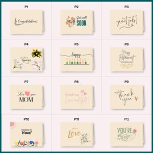 May include: A collection of twelve rectangular greeting cards featuring various designs and text including Congratulations, Get well soon, Great job, Happy Anniversary, Happy Birthday, Happy Retirement, Love you MOM, Sending Love and light, Thank you, Thinking of You, With Love, and You're not alone.