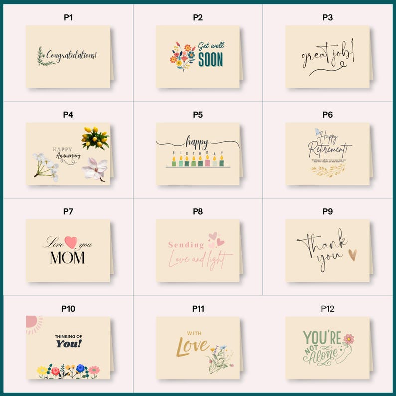 May include: A collection of twelve rectangular greeting cards featuring various designs and text including Congratulations, Get well soon, Great job, Happy Anniversary, Happy Birthday, Happy Retirement, Love you MOM, Sending Love and light, Thank you, Thinking of You, With Love, and You're not alone.