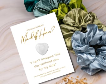 Bridesmaid Proposal Gift Set: Satin Scrunchie & Quartz Heart Keepsake
