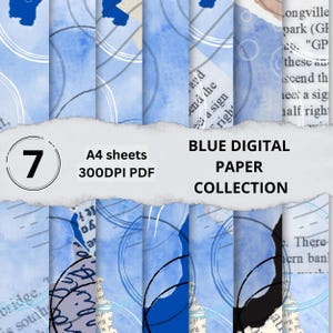 Blue Collage Papers - Background Paper - Junk Journal - Scrapbooking - 7 A4 Sheet - Mixed Media - Decorative Paper - PDF Instant Download