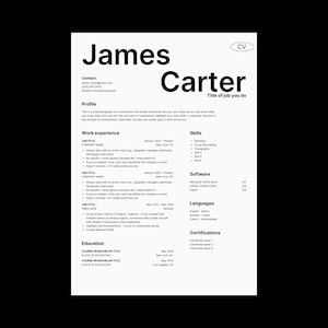 May include: A black and white resume with the name James Carter at the top. The resume includes contact information, a profile section, work experience, skills, software, languages, education, and certifications.