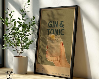 Gin & Tonic Vintage Poster | Digital Cocktail Print Bar Decor | Wall Art for Kitchen or Living Room | Gin Tonic Recipe | Printable Wall Art