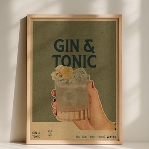 Gin & Tonic Vintage Poster | Digital Cocktail Print Bar Decor | Wall Art for Kitchen or Living Room | Gin Tonic Recipe | Printable Wall Art