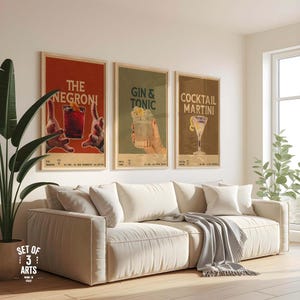 Set de 3 Pósteres Digitales Vintage de Cócteles – Negroni, Gin Tonic, Martini – Láminas Retro para Cocina o Bar – Descarga Instantánea