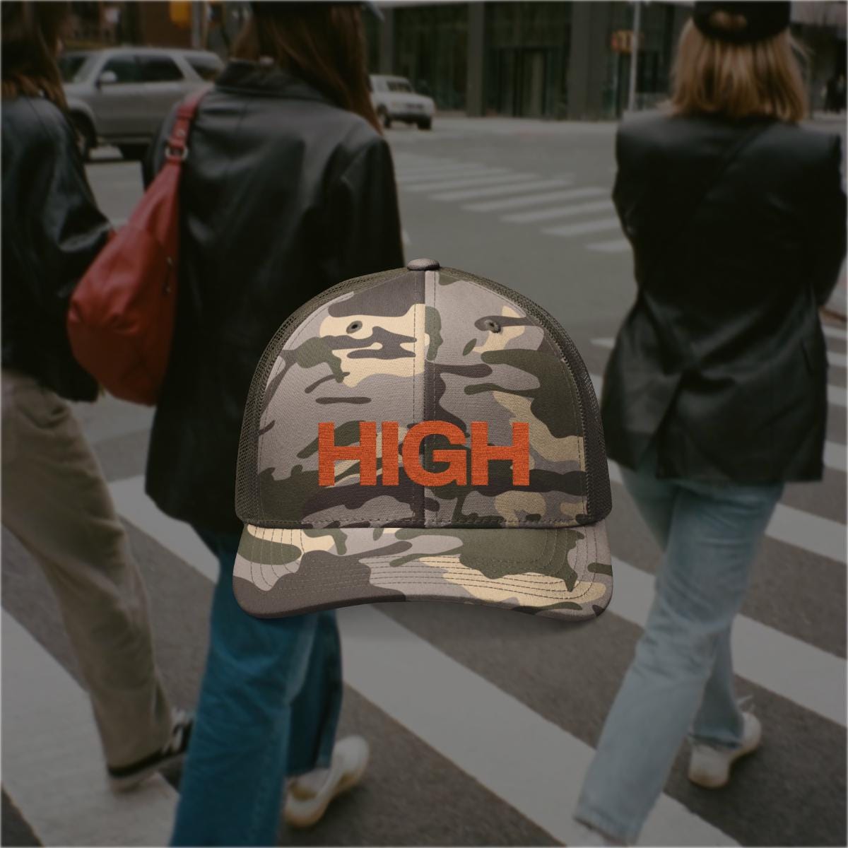 HIGH Camo Trucker Hat - Bold Orange Weed Hat - Funny 420 Mesh Snapback Cap