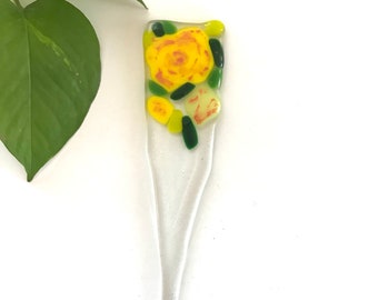 Floral Plant Stake Plant Accessory Yellow Roses Fused Glass for Planters & Pots Glass Art Gifts for Home Decor Gardening Gift Sweetnola
