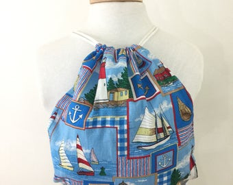 Cotton Backpack with Sailboats Nautical Drawstring Backpack, Beach Tote Bag, Cinch Bag, Travel Sack Day Bag, Beach Lover Gift, Sweetnola