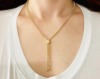 Collar tipo lariat de tres hebras con cuentas y borlas en oro amarillo de 14k de Michael Anthony