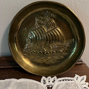 Vintage Embossed Brass Ship Wall Plate or Plaque, Distressed Some Denting on Edge