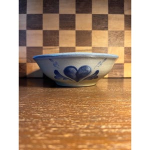 May include: A small, round ceramic bowl with a light beige exterior and a blue rim. The bowl is decorated with two blue heart-shaped designs and leaf accents. The bowl is sitting on a wooden surface.