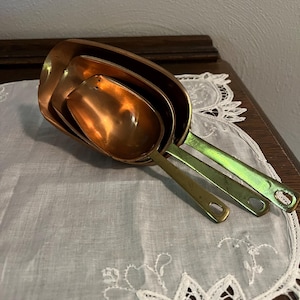 Set of 3 Vintage Copper Measuring Scoops with Brass Handles