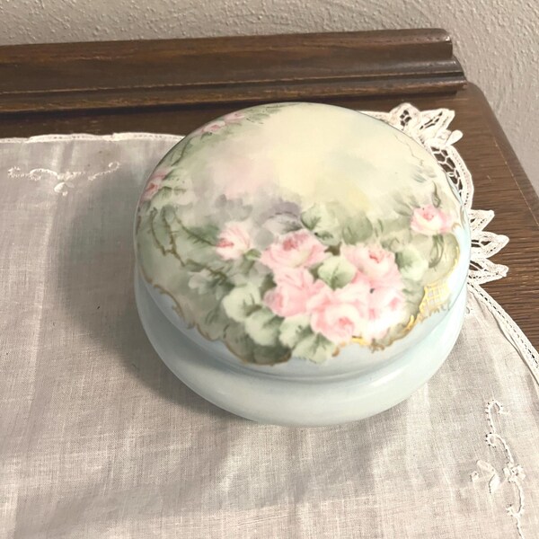 Covered Limoges from France Trinket Dish with Handpainted Design, small chips lid edge
