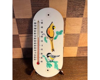 Vintage Cardinal and Chickadee Thermometer, no suction cups