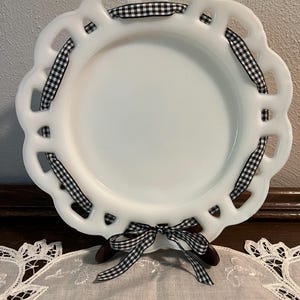 Vintage Open Lace Edge Milk Glass Hazel-Atlas Ribbon Salad Size Plate - some chips