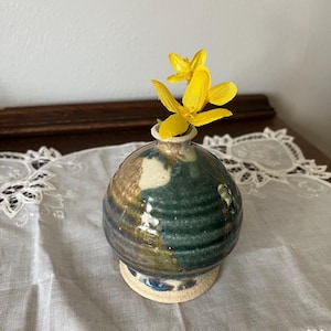 Green and Tan Drip Glaze Pottery Vase