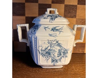 J. H. Davis Sylvan Transfer-ware Sugar Jar, Blue White Birds Stag (Handles Repaired)