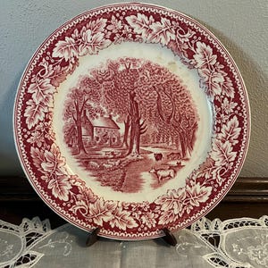 Red Currier and Ives Transferware China Plate