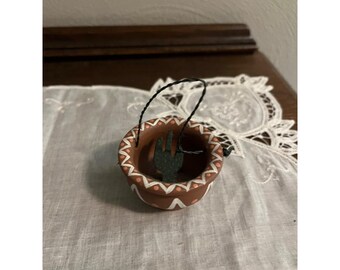 Southwestern Clay Pottery with Cactus Miniature Ornament