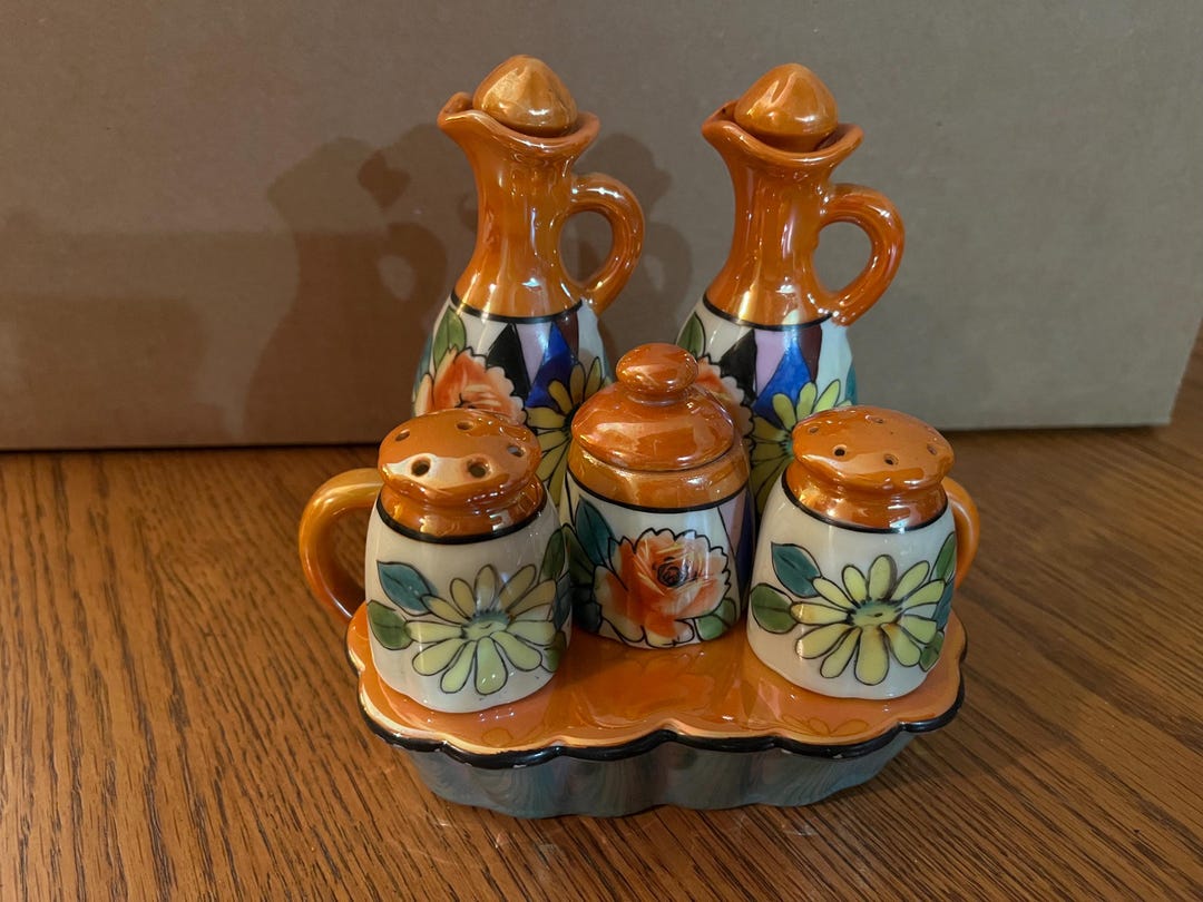 Lustre Ware Small Condiment Set: Salt, Pepper, Mayo, Curets - Made in ...