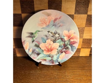 Hummingbird Plate with Hibiscus Flowers, Vintage Wall Art