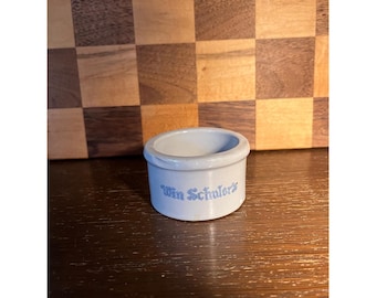 Mini Advertising Butter Crock Butter Pat Win Schulers, has thin crack A31