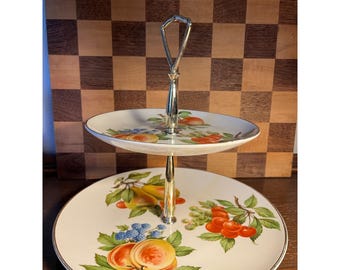 Two Tiered Serving Tray with Fruit Design, gold accents show wear