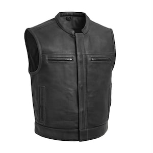 May include: Black leather motorcycle vest with a zipper closure and multiple pockets.