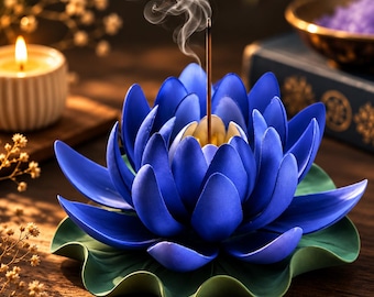Blue Lotus Incense Holder, Handmade Ceramic Incense Burner, Meditation Decor for Yoga Altar