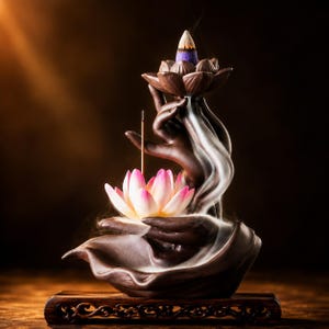May include: A dark brown ceramic incense burner shaped like two hands cupping a pink and white lotus flower. A lit incense cone sits atop the upper lotus, releasing white smoke that cascades downward over the fingers into the lower lotus base.