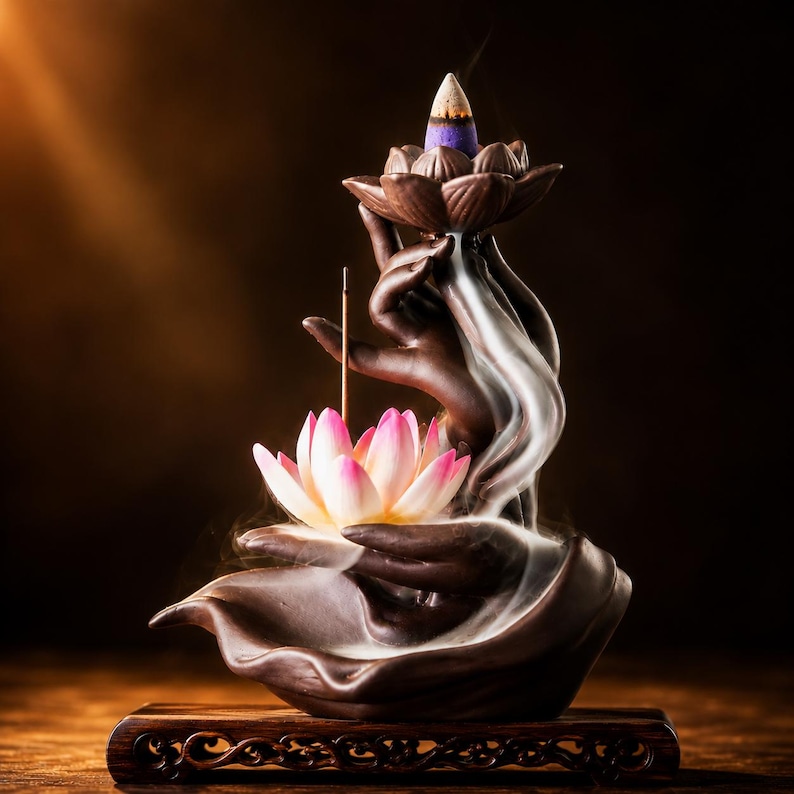 May include: A dark brown ceramic incense burner shaped like two hands cupping a pink and white lotus flower. A lit incense cone sits atop the upper lotus, releasing white smoke that cascades downward over the fingers into the lower lotus base.