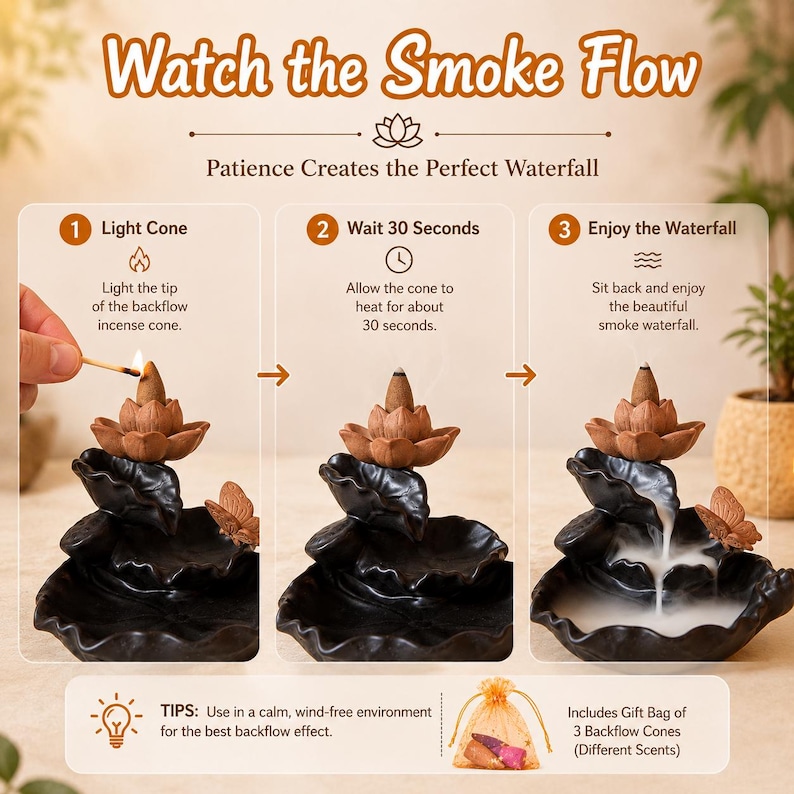 May include: A black ceramic lotus-shaped backflow incense burner with a brown lotus flower top. The image includes instructional text: Watch the Smoke Flow, Light Cone, Wait 30 Seconds, Enjoy the Waterfall, and tips for use with a gift bag of 3 cones.