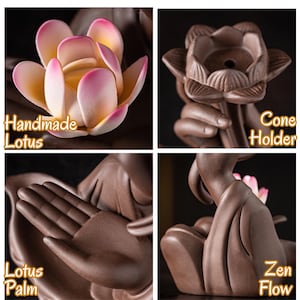May include: A brown ceramic incense burner featuring a handmade lotus flower with pink and yellow petals, a lotus-shaped cone holder, an open palm sculpture, and a flowing form labelled with the text Handmade Lotus, Cone Holder, Lotus Palm, Zen Flow.