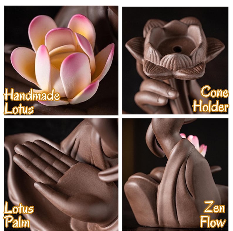 May include: A brown ceramic incense burner featuring a handmade lotus flower with pink and yellow petals, a lotus-shaped cone holder, an open palm sculpture, and a flowing form labelled with the text Handmade Lotus, Cone Holder, Lotus Palm, Zen Flow.