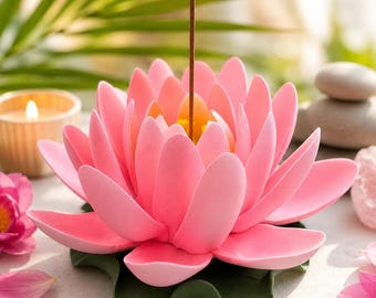 Pink Lotus Incense Holder, Handmade Ceramic Flower Decor for Self-Care Gift